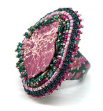 Hand Beaded Magenta Jasper Magenta & Green Multicolor Floral Band Ring  11.5