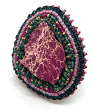 Hand Beaded Magenta Jasper Magenta & Green Multicolor Floral Band Ring  11.5
