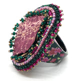 Hand Beaded Magenta Jasper Magenta & Green Multicolor Floral Band Ring  11.5