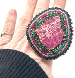 Hand Beaded Magenta Jasper Magenta & Green Multicolor Floral Band Ring  11.5