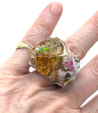 Raw Ethiopian Crackle Opal Statement Ring with Spring Butterfly Print sz 5.5/6