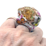 Raw Ethiopian Crackle Opal Statement Ring with Spring Butterfly Print sz 5.5/6