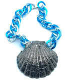 Oversized Silver Bismuth Crystal Encrusted Scallop Shell Necklace