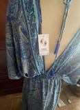 Silk Dress Caftan Resort Wear Boho Hippie Ethnic Maxi Paisley Blue Green M/L