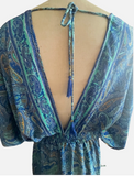 Silk Dress Caftan Resort Wear Boho Hippie Ethnic Maxi Paisley Blue Green M/L
