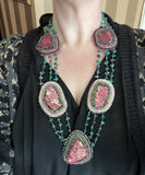 Hand Beaded Magenta Jasper with Green & Magenta Tribal Malachite Statement Necklace