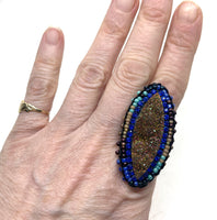 Marquis Brilliant Druzy Ring with Hand Beaded Accents on Dainty Band