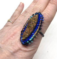 Marquis Brilliant Druzy Ring with Hand Beaded Accents on Dainty Band