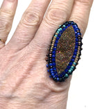 Marquis Brilliant Druzy Ring with Hand Beaded Accents on Dainty Band