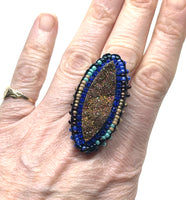 Marquis Brilliant Druzy Ring with Hand Beaded Accents on Dainty Band