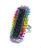 Matchstick Brilliant Druzy Ring with Hand Beaded Accents on Dainty Band