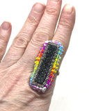 Matchstick Brilliant Druzy Ring with Hand Beaded Accents on Dainty Band