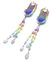 Hand Beaded Druzy Rainbow Detachable Moonstone Dangle Earrings