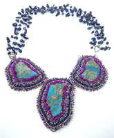 Hand Beaded Modular Lapis and Aqua Jasper Statement Necklace