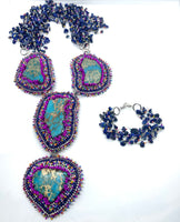 Hand Beaded Modular Lapis and Aqua Jasper Statement Necklace