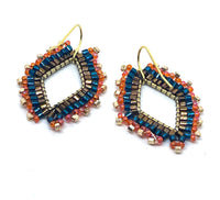 Hand Beaded Diamond Shape Dangle Hoop Drop Earrings