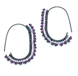 Hand Beaded Dangle Hoop Drop Earrings in Magenta/Gunmetal