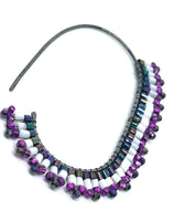 Hand Beaded Dangle Hoop Drop Earrings in Magenta/Gunmetal