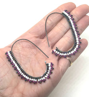 Hand Beaded Dangle Hoop Drop Earrings in Magenta/Gunmetal