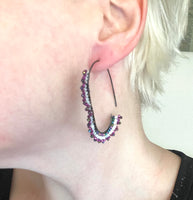 Hand Beaded Dangle Hoop Drop Earrings in Magenta/Gunmetal