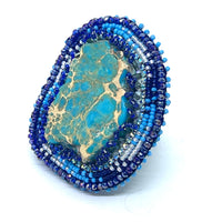 Hand Beaded Aqua Jasper Blue Ombre Multicolor Floral Band Ring Sz 10