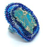 Hand Beaded Aqua Jasper Blue Ombre Multicolor Floral Band Ring Sz 10