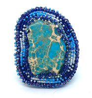 Hand Beaded Aqua Jasper Blue Ombre Multicolor Floral Band Ring Sz 10