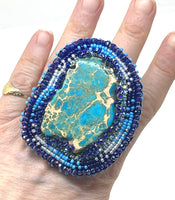 Hand Beaded Aqua Jasper Blue Ombre Multicolor Floral Band Ring Sz 10