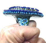 Hand Beaded Aqua Jasper Blue Ombre Multicolor Floral Band Ring Sz 10