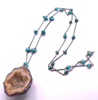 Long Beaded Turquoise Chain Agate Geode Pendant Necklace
