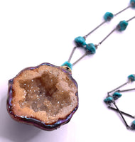 Long Beaded Turquoise Chain Agate Geode Pendant Necklace