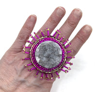 Hand Beaded Hot Pink Eyelash Trim Amethyst Cluster Holographic Statement Ring Sz 7
