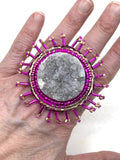 Hand Beaded Hot Pink Eyelash Trim Amethyst Cluster Holographic Statement Ring Sz 7