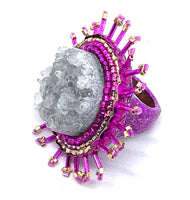 Hand Beaded Hot Pink Eyelash Trim Amethyst Cluster Holographic Statement Ring Sz 7