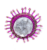 Hand Beaded Hot Pink Eyelash Trim Amethyst Cluster Holographic Statement Ring Sz 7