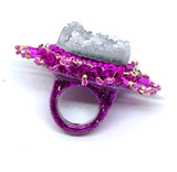 Hand Beaded Hot Pink Eyelash Trim Amethyst Cluster Holographic Statement Ring Sz 7