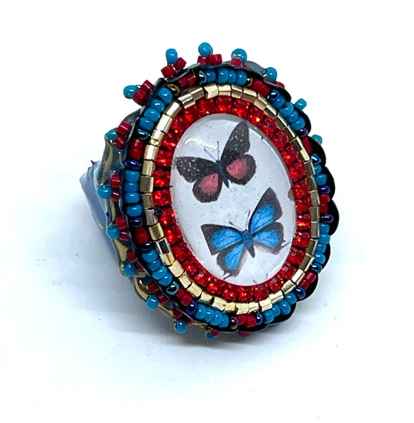 Hand Beaded Double Butterfly Tribal Sparkle Statement Ring