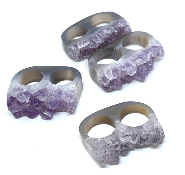 Double Finger Druzy Rings in Natural Grey Amethyst