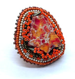 Hand Beaded Red Orange Jasper Orange & Gold Multicolor Glitter Band Ring  Sz 8.5/9