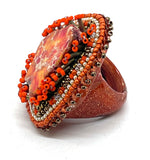 Hand Beaded Red Orange Jasper Orange & Gold Multicolor Glitter Band Ring  Sz 8.5/9