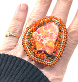 Hand Beaded Red Orange Jasper Orange & Gold Multicolor Glitter Band Ring  Sz 8.5/9
