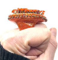 Hand Beaded Red Orange Jasper Orange & Gold Multicolor Glitter Band Ring  Sz 8.5/9