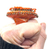 Hand Beaded Red Orange Jasper Orange & Gold Multicolor Glitter Band Ring  Sz 8.5/9
