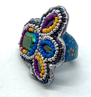 Hand Beaded Tribal Flower Stone Band Ring sz 7