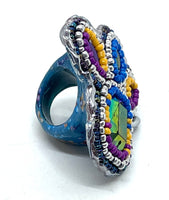 Hand Beaded Tribal Flower Stone Band Ring sz 7