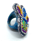 Hand Beaded Tribal Flower Stone Band Ring sz 7