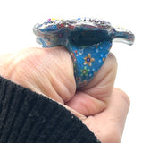 Hand Beaded Tribal Flower Stone Band Ring sz 7