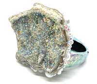 Double Finger Iridescent Unicorn Stone Band Ring with Pearl & Rhinestone Trim sz 11.5 & 12