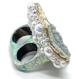 Double Finger Iridescent Unicorn Stone Band Ring with Pearl & Rhinestone Trim sz 11.5 & 12