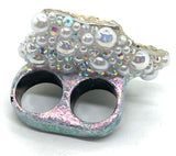 Double Finger Iridescent Unicorn Stone Band Ring with Pearl & Rhinestone Trim sz 11.5 & 12
